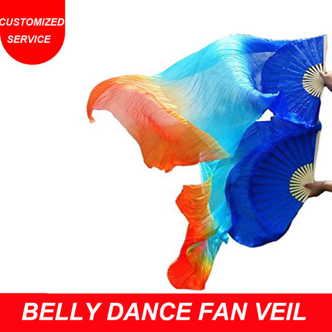 Hot Selling Chinese 1 Pair of Silk Belly Dance Fan Veils Blue Turquoise Orange