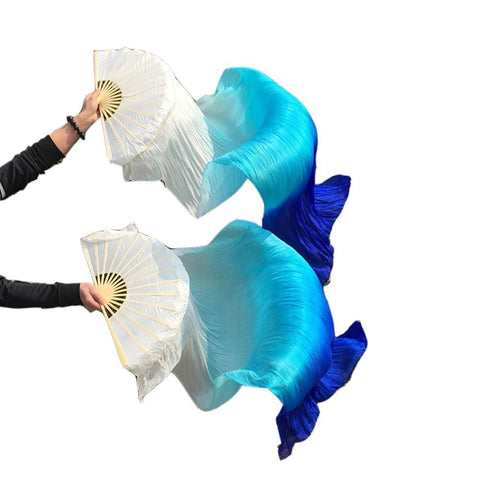 Women Cheap silk belly dance fan veils white turquoise blue