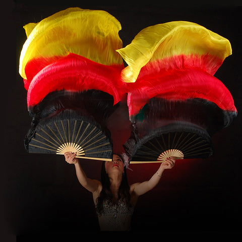 New 1.5/1.8m Belly Dance Chinese Real Silk Fan Veils Black+Red+Yellow Fire Color