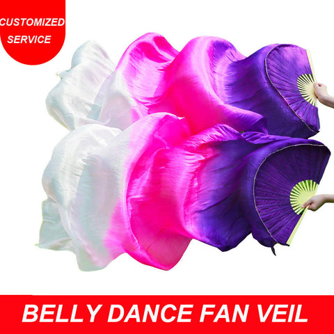 1.8M Gradient Color Women New Belly Dance Silk Fan Veils Pair Purple Rose White