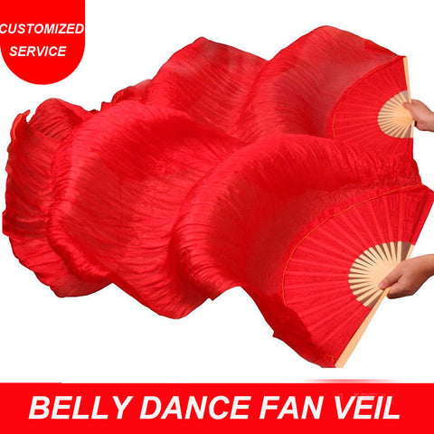 High quality 1 pair women new silk belly dance fan veil red color