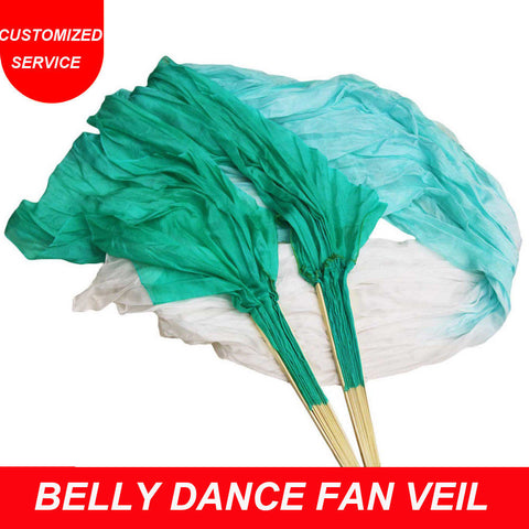 Women new gradient color belly dance silk fan veil green white