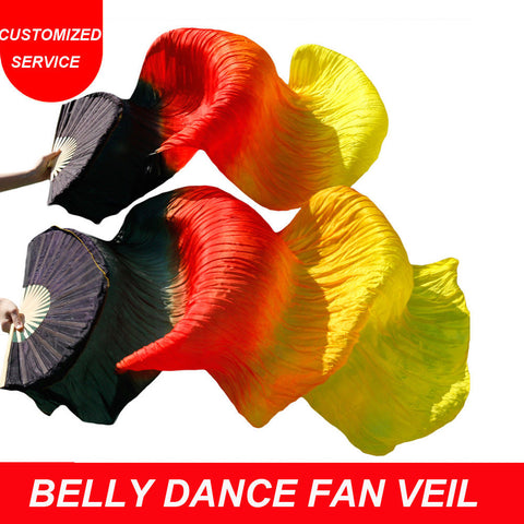 New 1.5/1.8m Belly Dance Chinese Real Silk Fan Veils Black+Red+Yellow Fire Color