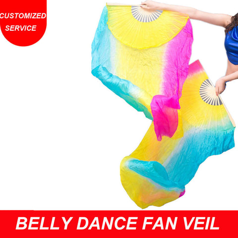 Women new vertical cheap belly dance fan veil turquoise yellow rose
