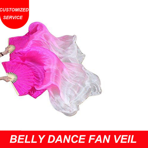 Women new belly dance fan veil rose white gradient color